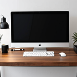 ** A tidy, minimalist workspace featuring a slim desktop computer. The desk is clean and uncluttered, showcasing the space-saving design of the slim desktop. Include modern decor elements and good lighting. Focus on conveying a sense of efficiency and contemporary style.

**