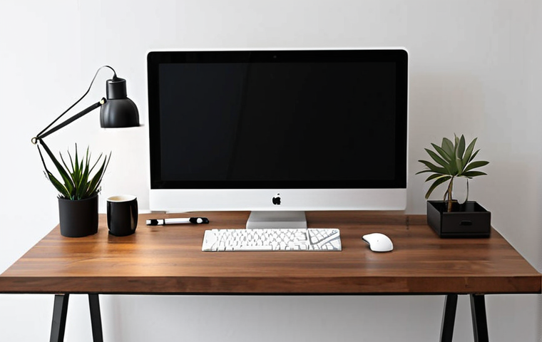 ** A tidy, minimalist workspace featuring a slim desktop computer. The desk is clean and uncluttered, showcasing the space-saving design of the slim desktop. Include modern decor elements and good lighting. Focus on conveying a sense of efficiency and contemporary style.
**