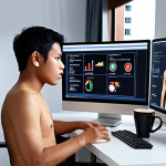 A thoughtful person, possibly a Malay male or female, sitting in front of a computer screen displaying diagnostic graphs or a slow loading bar, with a cup of coffee on the desk. The scene should convey contemplation and analysis of a slow PC, set in a modern home office with soft, ambient lighting. Emphasize the sense of seeking a solution.