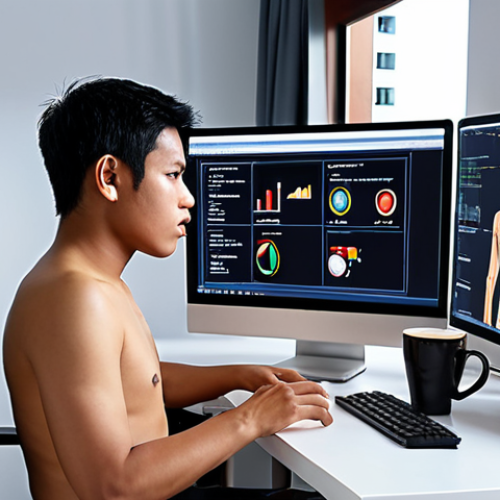A thoughtful person, possibly a Malay male or female, sitting in front of a computer screen displaying diagnostic graphs or a slow loading bar, with a cup of coffee on the desk. The scene should convey contemplation and analysis of a slow PC, set in a modern home office with soft, ambient lighting. Emphasize the sense of seeking a solution.