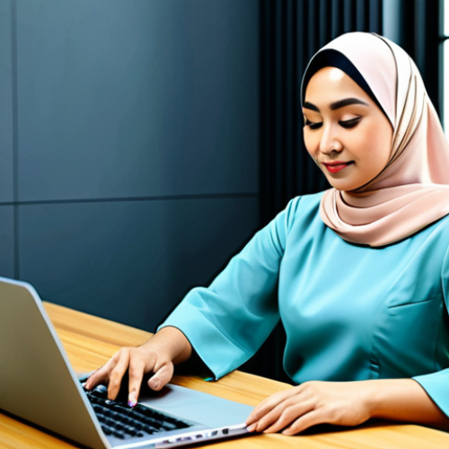 Home 17 컴퓨터 부품 호환성 확인 방법 - **
A professional Malaysian woman in a modest baju kurung, working on a laptop at a desk in a brigh...