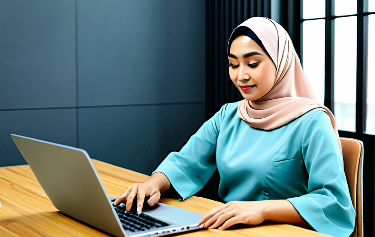 컴퓨터 부품 호환성 확인 방법 - **

A professional Malaysian woman in a modest baju kurung, working on a laptop at a desk in a brigh...
