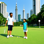프로세서와 그래픽카드의 밸런스 맞추기 - **A modern Malaysian family (father, mother, child) are playing badminton in a lush green park in Ku...