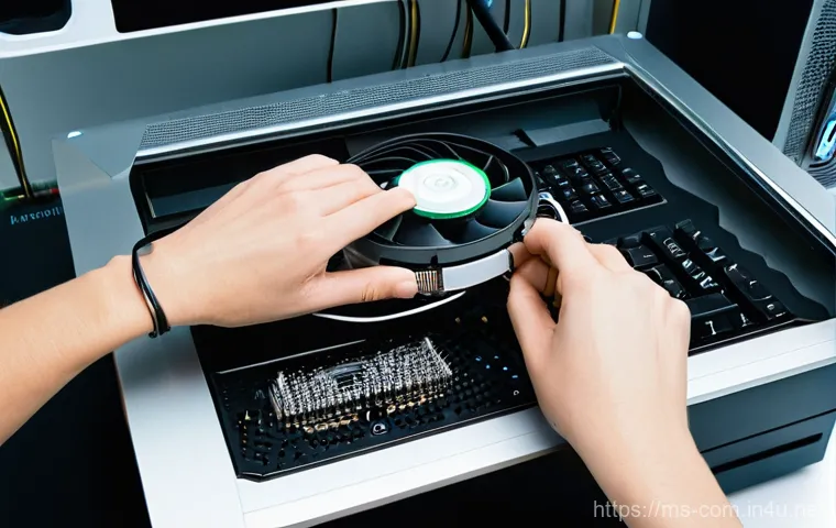 컴퓨터 부품 청소 팁 - **Prompt:** An extreme close-up, macro shot of the internal components of a desktop PC, specifically...