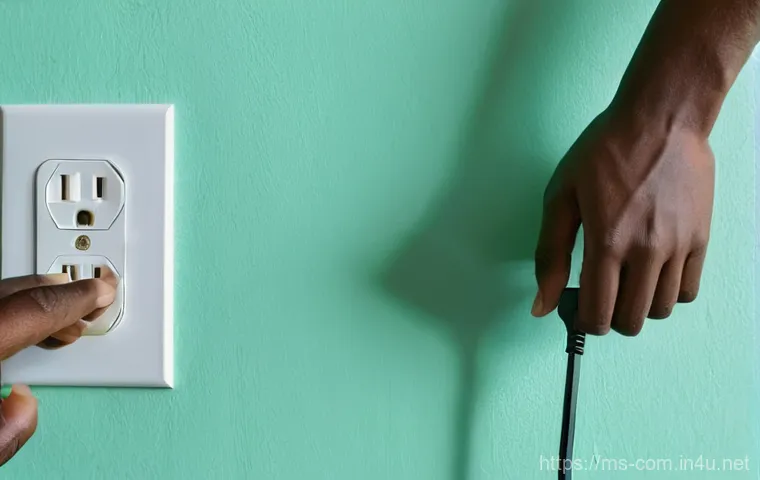 컴퓨터 전원 문제 해결 가이드 - **Prompt:** A focused close-up shot of a pair of hands (ethnically ambiguous, well-maintained, weari...