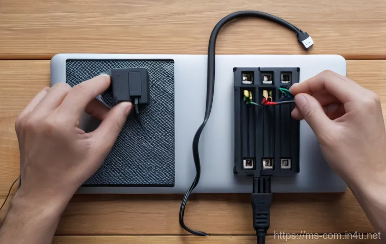 컴퓨터 전원 문제 해결 가이드 - **Prompt:** A focused close-up shot of a pair of hands (ethnically ambiguous, well-maintained, weari...
