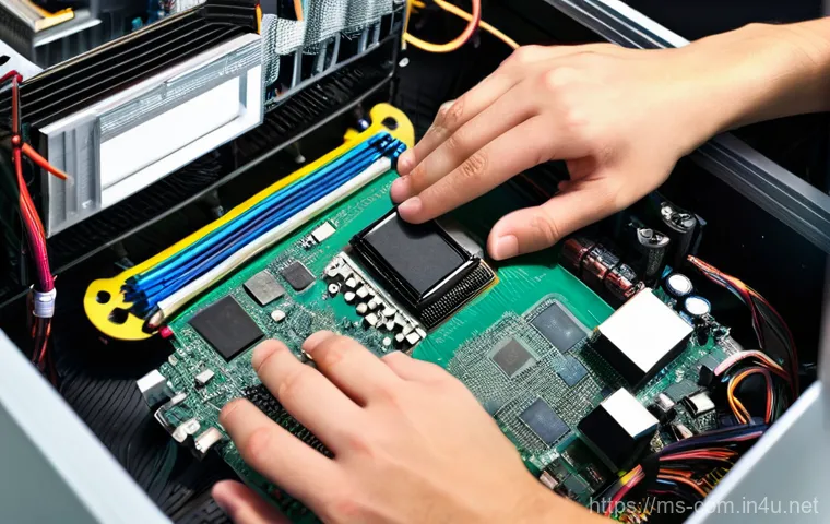 컴퓨터 전원 문제 해결 가이드 - **Prompt:** A detailed shot of a person's hands (ethnically ambiguous, wearing a casual short-sleeve...