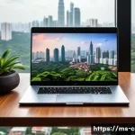 컴퓨터 업그레이드 vs 새 PC 구매 - A modern home office setup in Kuala Lumpur, Malaysia, showing a sleek, compact new laptop with a sli...