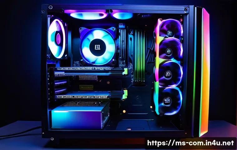 파워서플라이 용량 계산법 - A detailed, high-tech computer build scene focused on a mid-to-high range gaming PC assembly, showca...