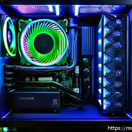 쿨링 팬과 수냉쿨러의 차이 - A detailed close-up of a high-performance PC setup in a tropical environment, featuring a custom wat...