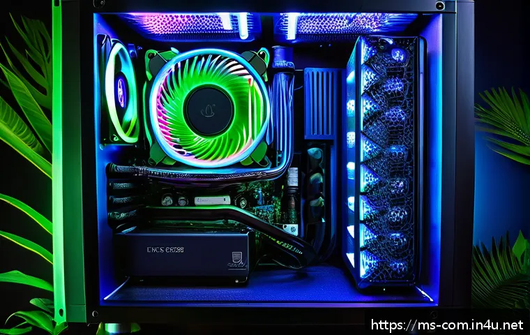 쿨링 팬과 수냉쿨러의 차이 - A detailed close-up of a high-performance PC setup in a tropical environment, featuring a custom wat...