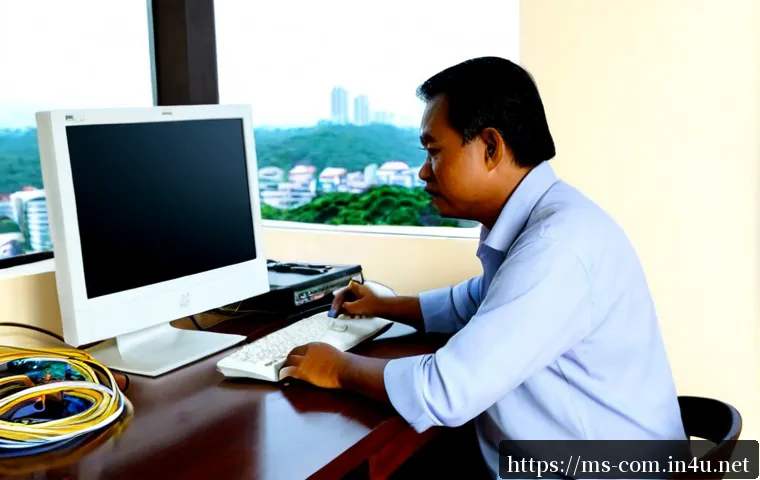 컴퓨터 고장 진단 프로그램 추천 - Photorealistic home computer troubleshooting scene in a bright Malaysian apartment, a middle-aged Ma...