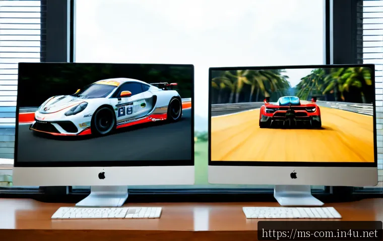 고주사율 모니터와 일반 모니터 비교 - Photorealistic side-by-side comparison of two sleek desktop monitors on a tidy modern home-office de...