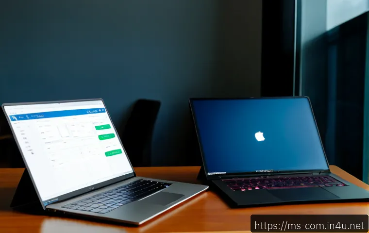 Home 17 사무용 노트북과 게이밍 노트북 비교 - Photorealistic side-by-side comparison of two open laptops on a clean modern home-office desk in Kua...